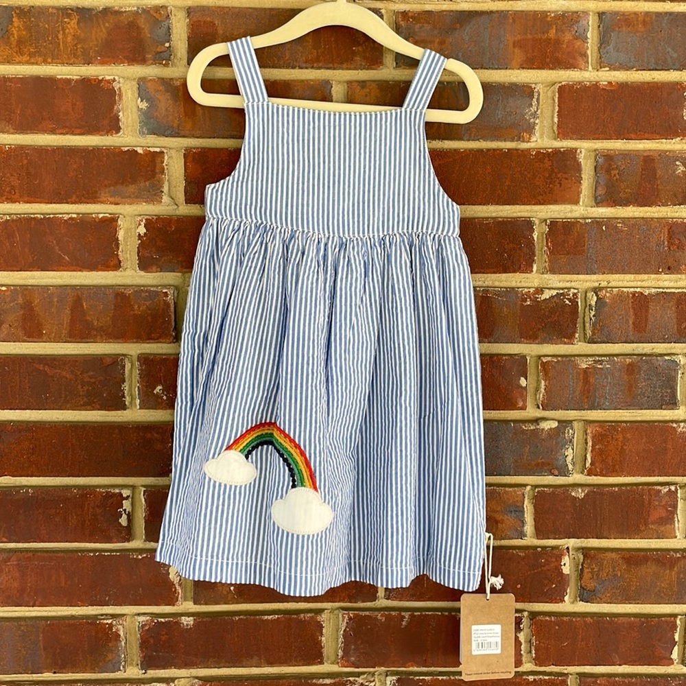 NEW Frugi rainbow dress, organic cotton blue seer sucker, size 2T/3T - Picture 2 of 7